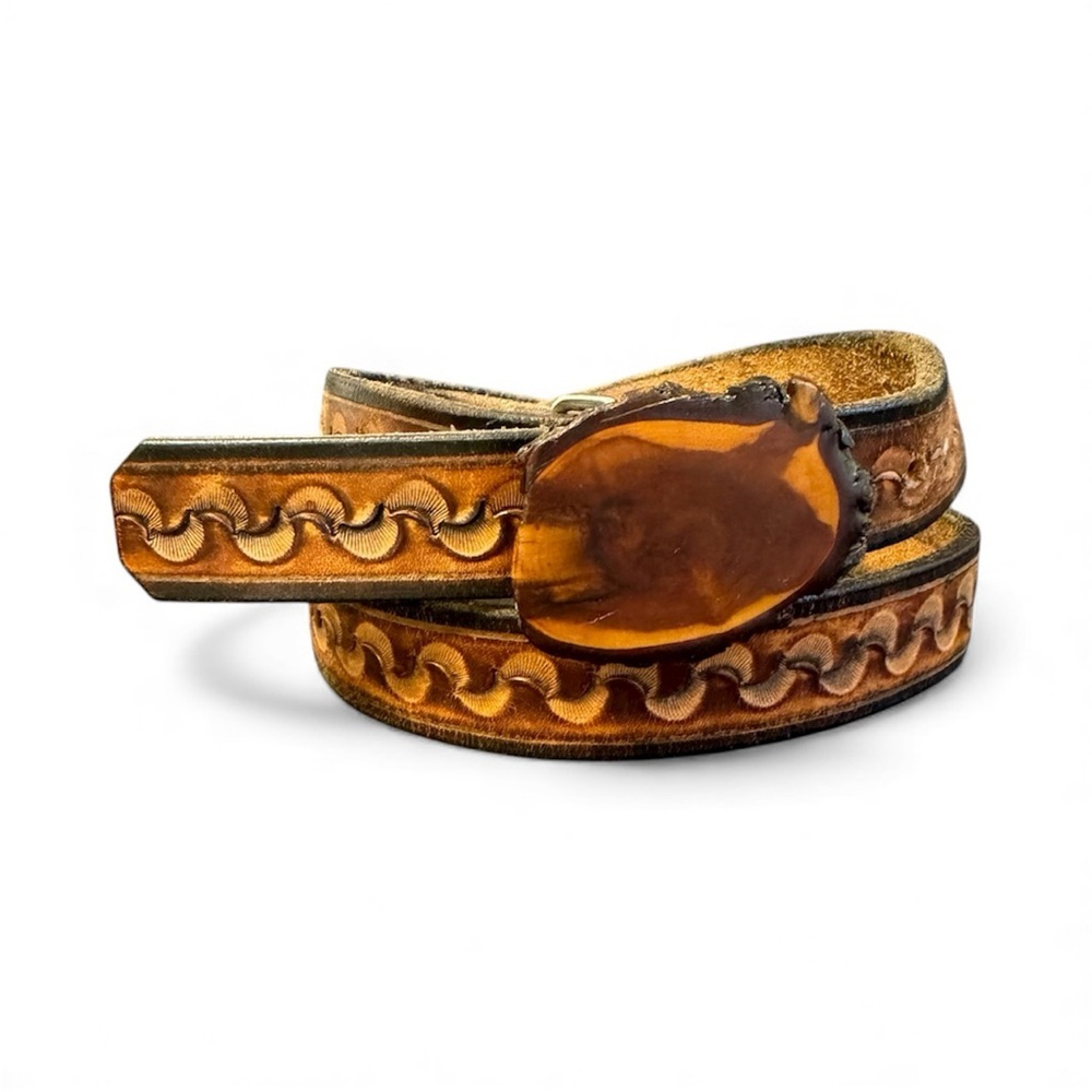 Vintage Hand Tooled Leather Belt Live Edge Wood Buckle Western‎ Unisex Large 36